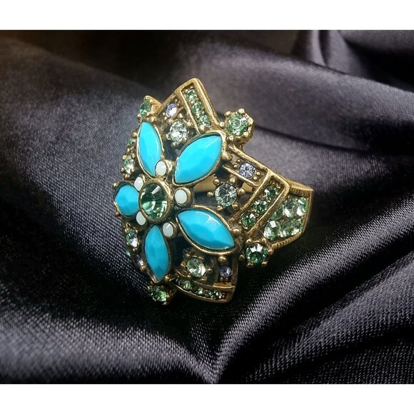 Heidi Daus Gold-Tone Statement Ring Blue & Green Crystal Floral Design - Picture 2 of 5